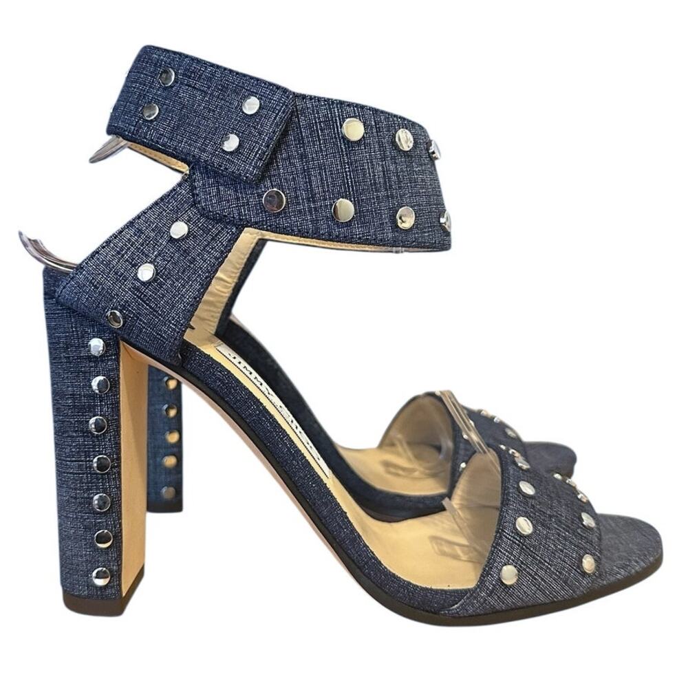 Jimmy Choo Veto 100 Blue Studded Ankle Strap High Heel Sandals 37.5 Wedding